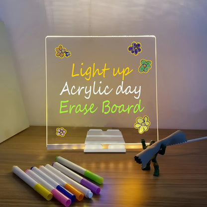 LED Light-Up Writing Board | 15×15 cm Acrylic Pad with Stand | Colorful DIY Notes & Erasable Pens
