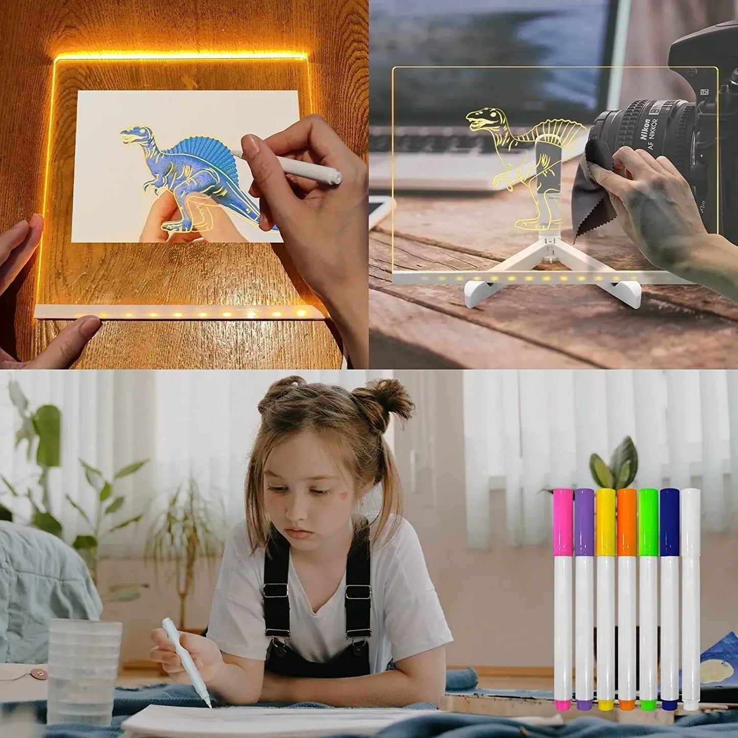 LED Light-Up Writing Board | 15×15 cm Acrylic Pad with Stand | Colorful DIY Notes & Erasable Pens